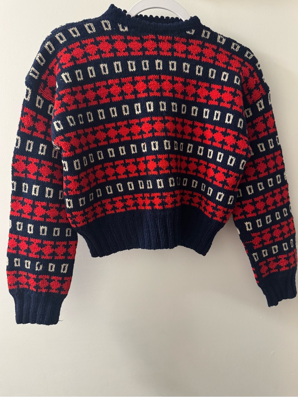 Handmade wool Navy & Red Patterned Crewneck Sweater